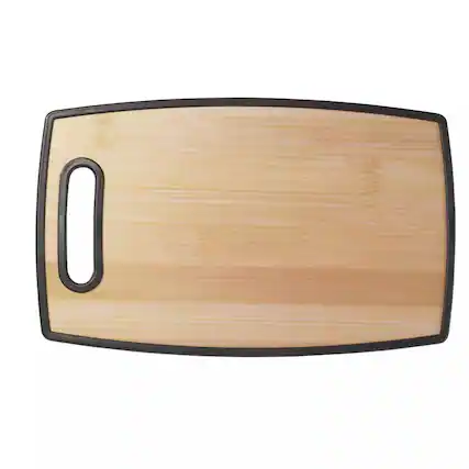 Front. Elle Decor - 9" × 14.5" Kitchen Cutting Board with Handle, Durable Bamboo‑Designed Plastic, Dishwasher Safe - Brown.