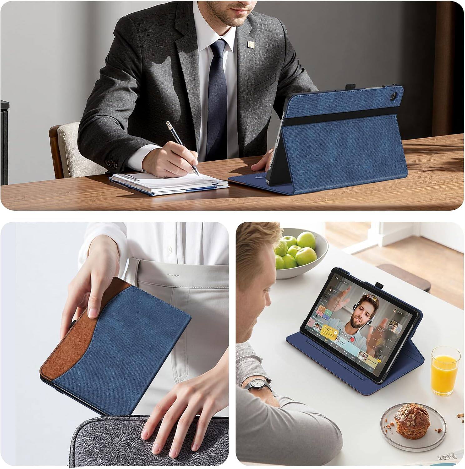 Alt View 2. Fintie - Multi-Angle Viewing Case for Samsung Galaxy Tab A11+ / Tab A9+ 11 Inch, With Front Card Pocket, Vegan Leather Exterior - Denim Blue/Brown.