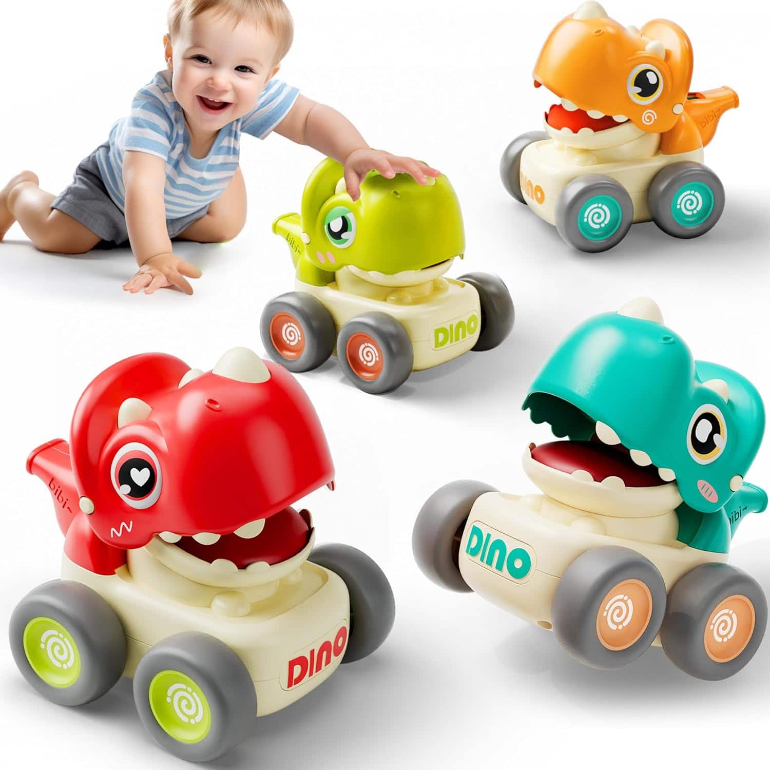 Auledio - 4Pcs Dinosaur Press to Go Car Toys for Toddlers,Racing Cars with Whistle Play Vehicle Set, Push Go Friction Car for Boys