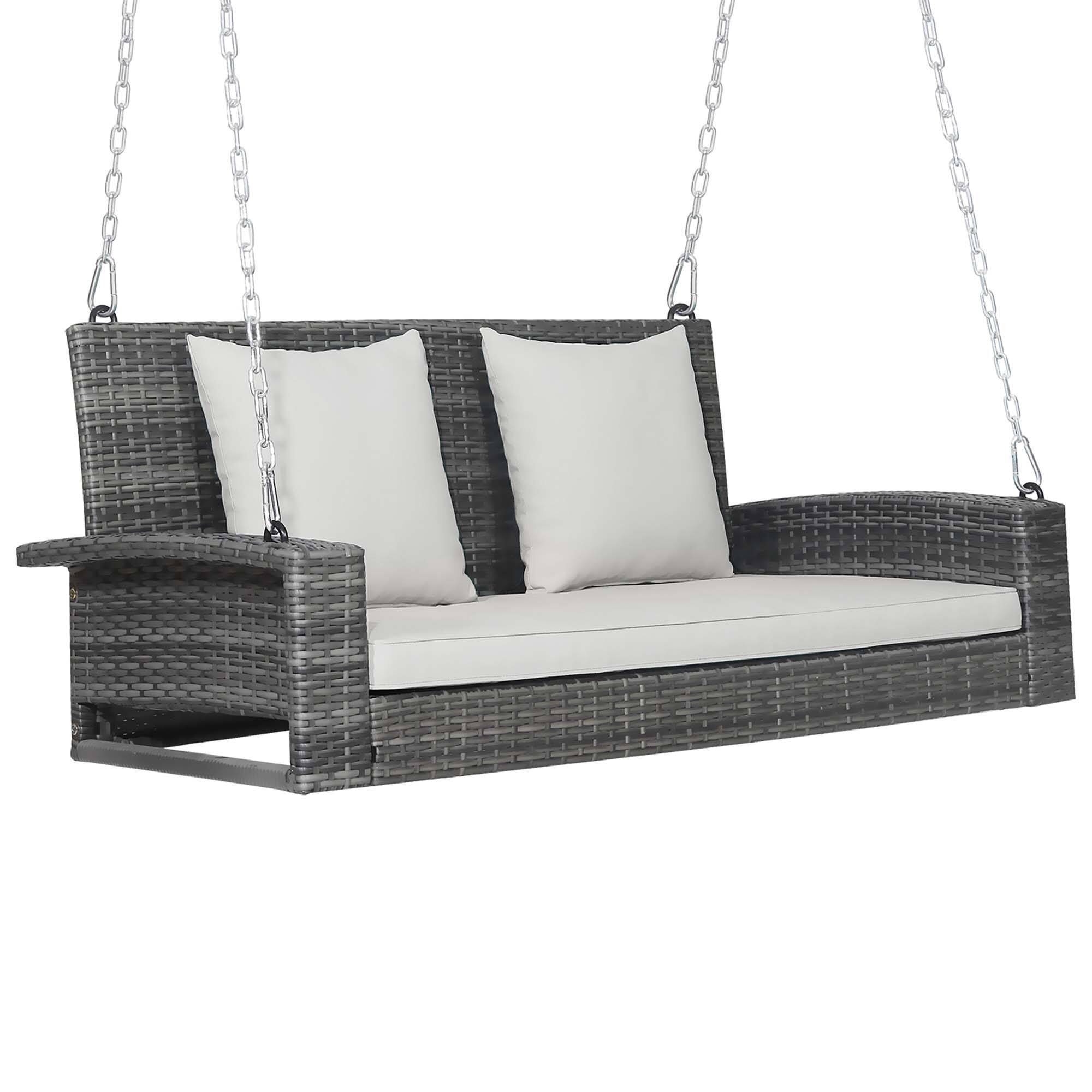 Alt View 1. Gymax - Gymax 2-Person Patio Hanging Porch Swing Rattan 800LBS Swing Bench w/ Off White Cushions - Off White.