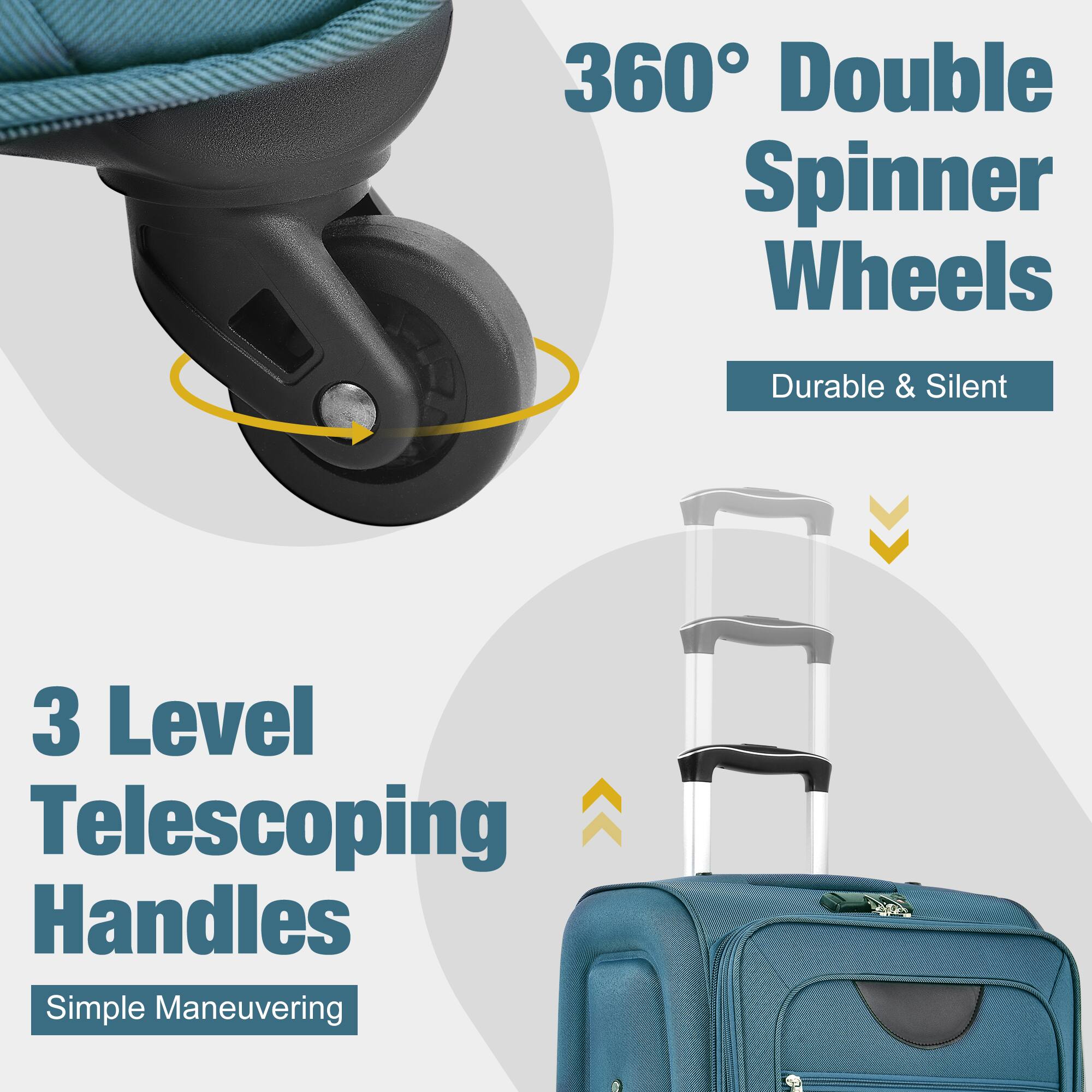 360° Double Spinner Wheels  
Durable & Silent  

3 Level Telescoping Handles  
Simple Maneuvering