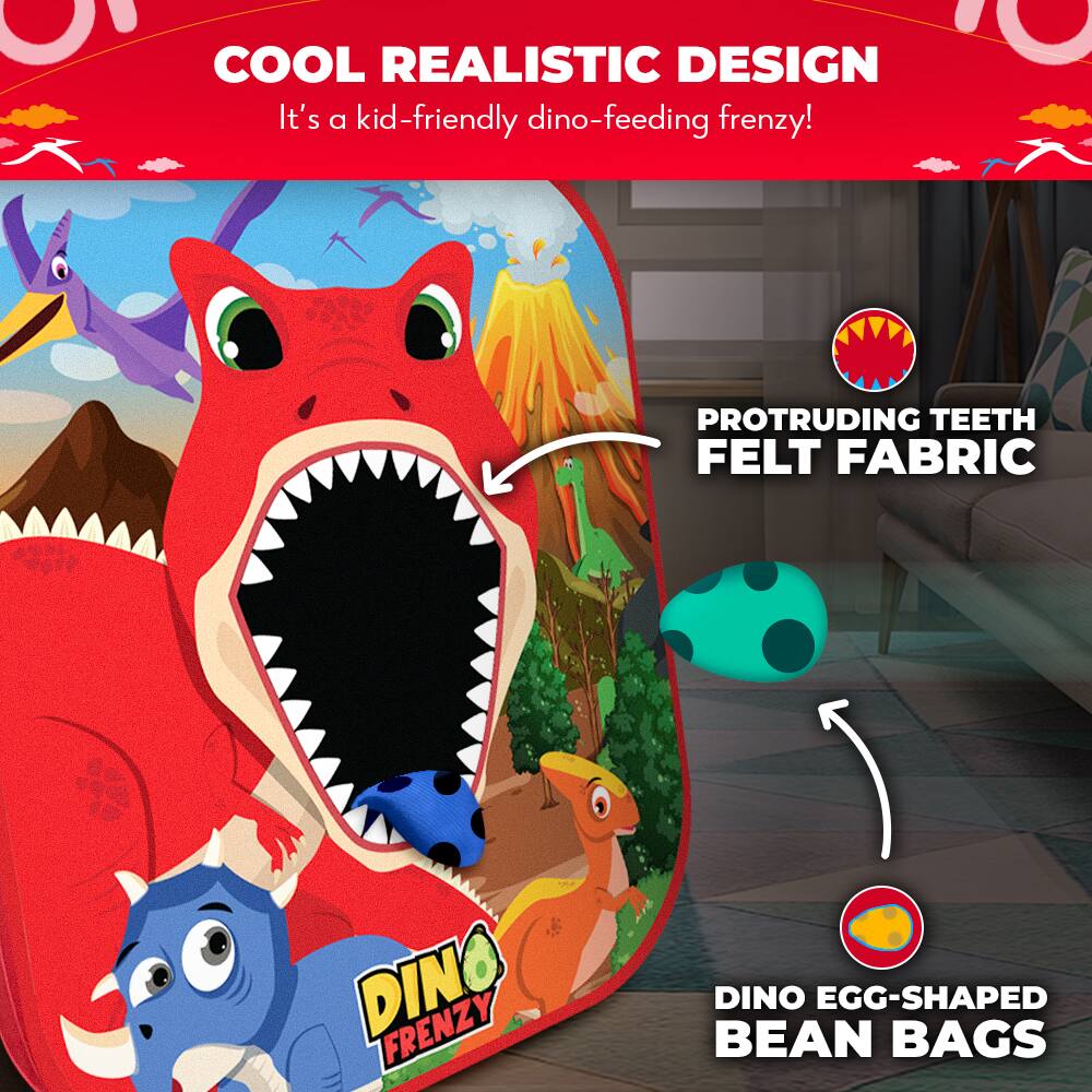 COOL REALISTIC DESIGN  
It's a kid-friendly dino-feeding frenzy!  

PROTRUDING TEETH  
FELT FABRIC  

DINO EGG-SHAPED BEAN BAGS