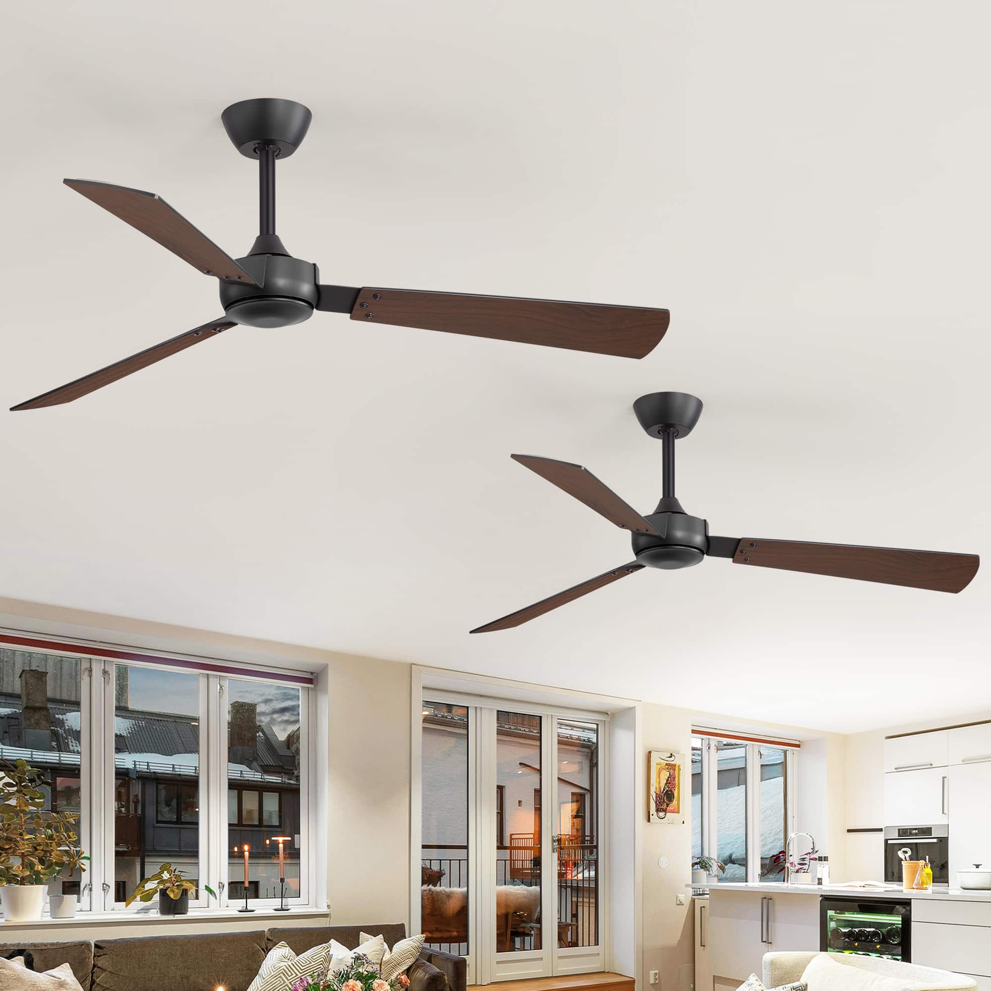 Front. Breezary - 52-Inch Indoor Modern No-Light Ceiling Fan, DC Motor, 6-Speed Remote Control, 3 Blades, 4"/8" Downrods, Single or 2 Pack - Black and Woodgrain-2 Pack.