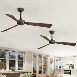 Breezary - 52-Inch Indoor Modern No-Light Ceiling Fan, DC Motor, 6-Speed Remote Control, 3 Blades, 4"/8" Downrods, Single or 2 Pack - Black and Woodgrain-2 Pack
