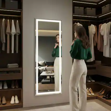 Front. Kadyn - 56x18 Inch Frameless Full-Length Vertical LED Wall Mirror with Borderless Design - Black.