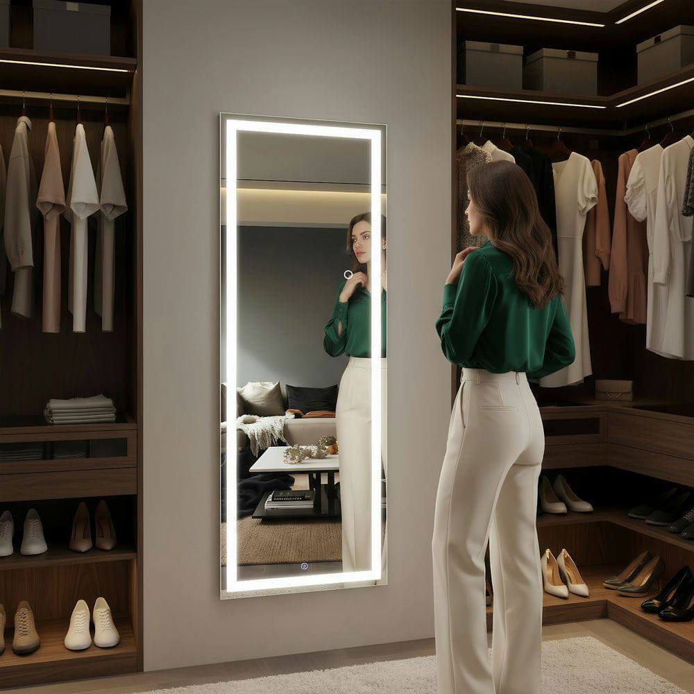 Front. Kadyn - 56x18 Inch Frameless Full-Length Vertical LED Wall Mirror with Borderless Design - Black.