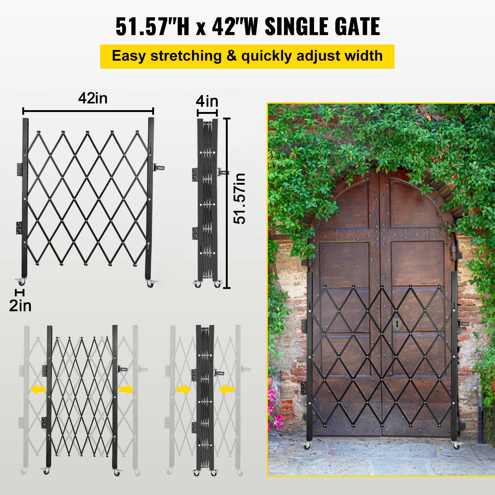 51.57"H x 42"W SINGLE GATE  
Easy stretching & quickly adjust width  

42in  
4in  
51.57in H  
2in