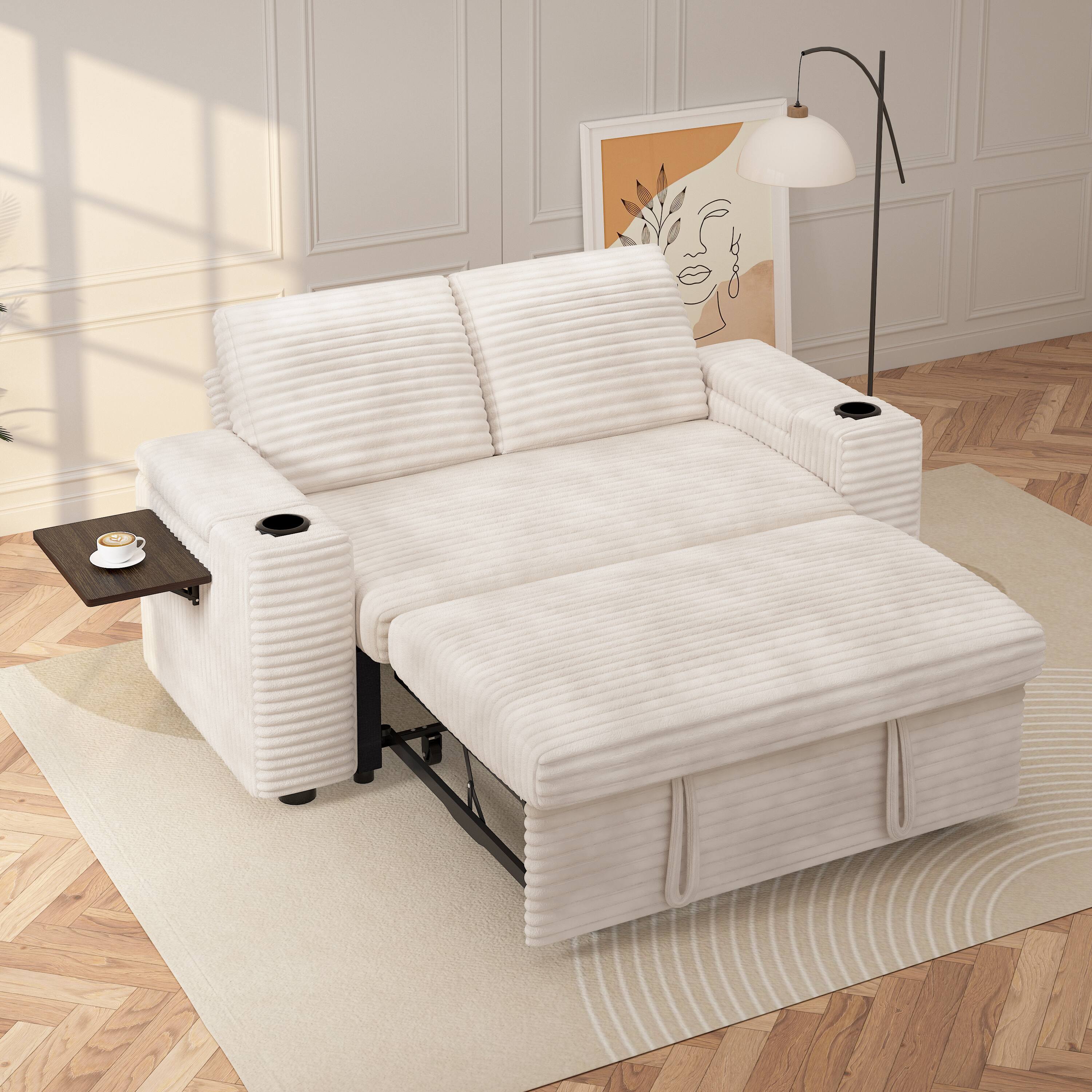 Front. Vipbear - Vipbear 65" Loveseat Sleeper Sofa Pull-Out Bed ,Reclining Backrest, USB Ports, Side Table,Corduroy Beige - Beige.