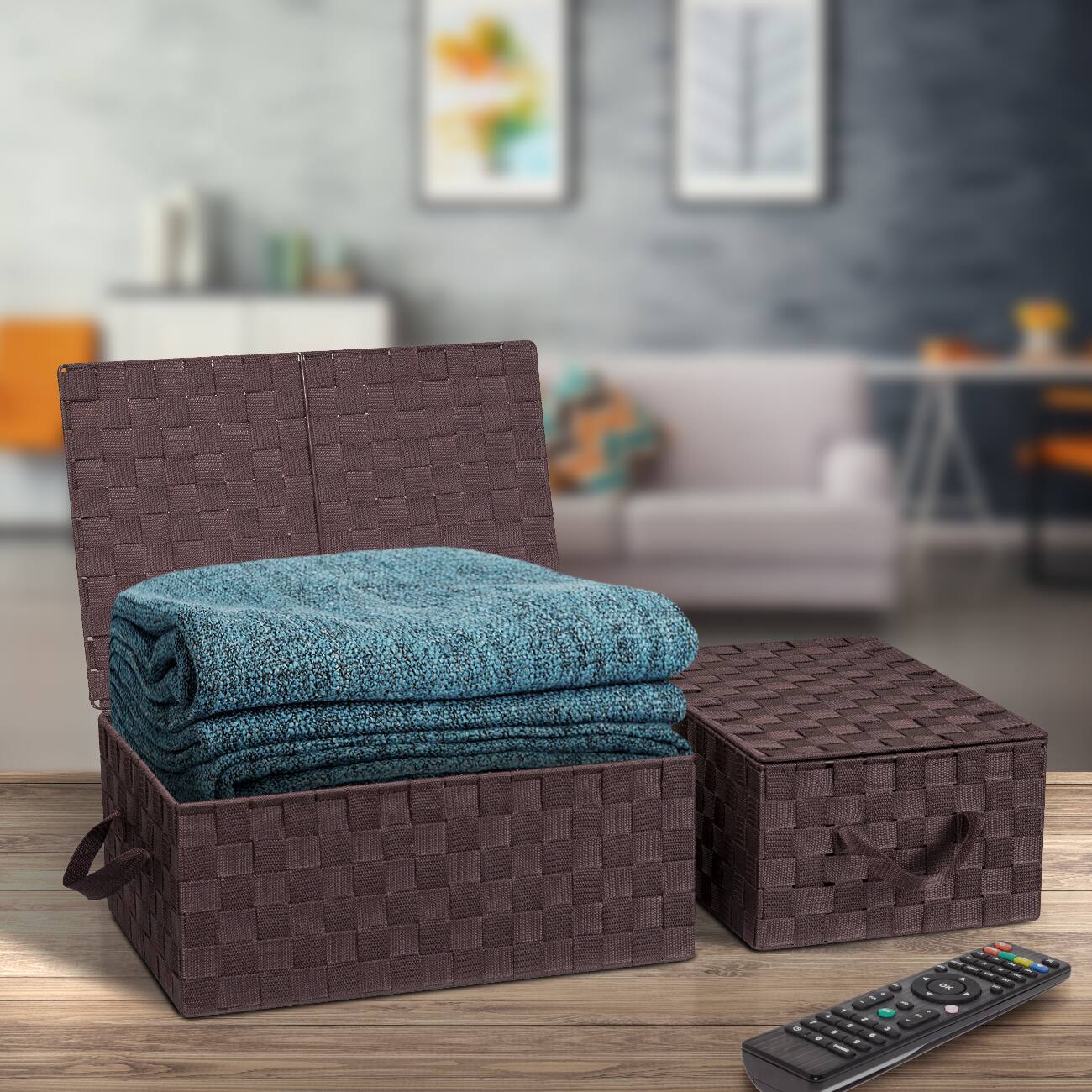 Alt View 2. Sorbus - Sorbus Set of 3 Storage Baskets for Organizing with Lid, Mesh, Linen, Organizer Storage Baskets for Shelves - Brown.