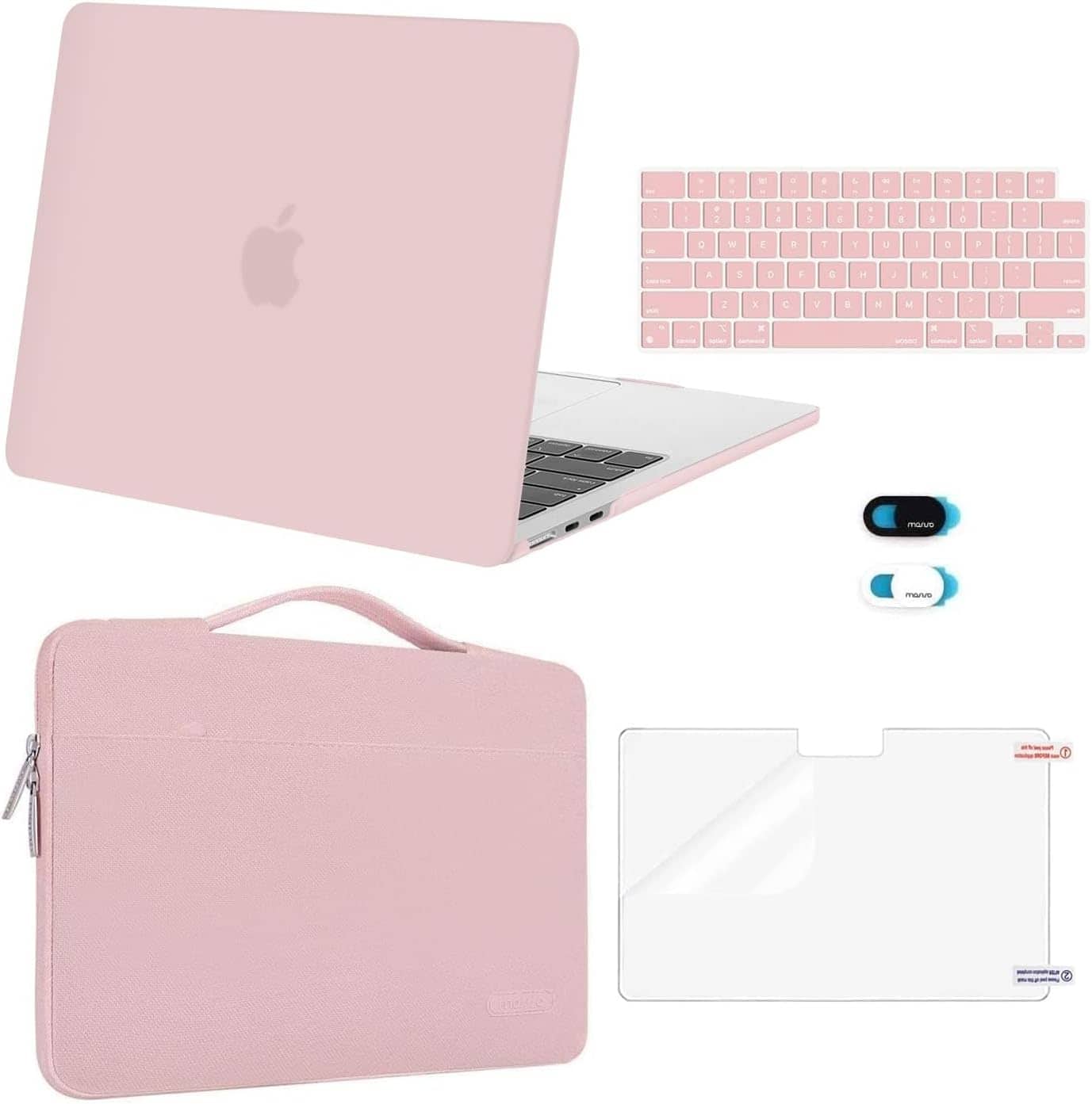 mosiso - 5in1 Kit for MacBook Air 13-Inch M5 M4 M3 M2 2022-2026, Hard Shell&Sleeve Bag&Keyboard Skin&Webcam Cover&Screen Film - Baby Pink