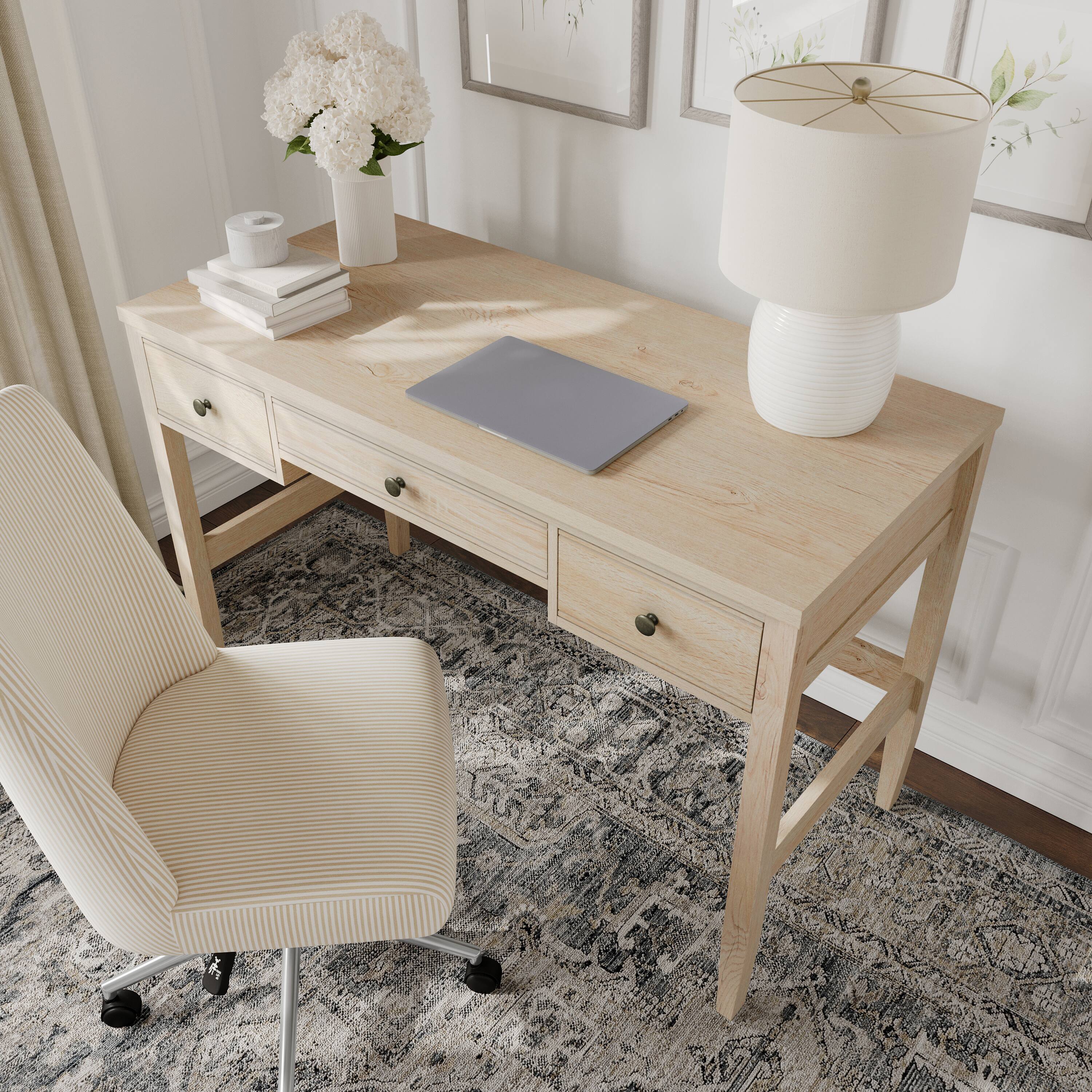 Alt View 1. Martha Stewart - Rhett Writing Desk with 3 Drawers and Tapered Legs - Light Natural Frame/Antique Bronze Hardware.