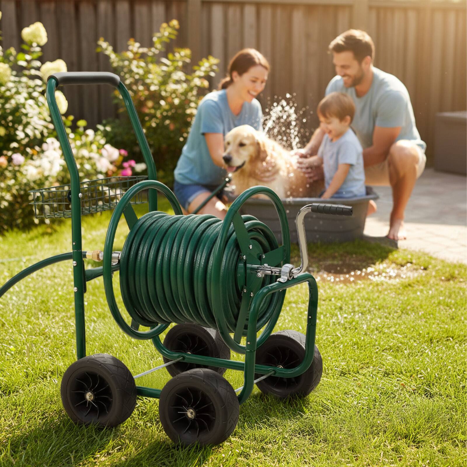 Alt View 2. Winado - 250 FT Duty Hose Reel Cart, 4 PU Wheel Garden Storage Cart Holds up to 250 ft of 5/8 Inch water hose, storage basket.