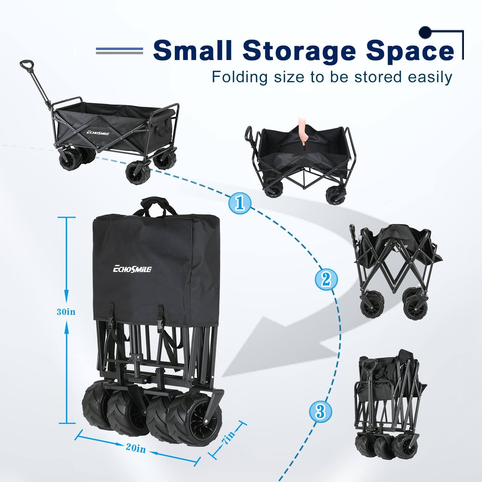 Small Storage Space: Folding size to be stored easily. 

1. 30in x 20in x 7in
2. 
3.