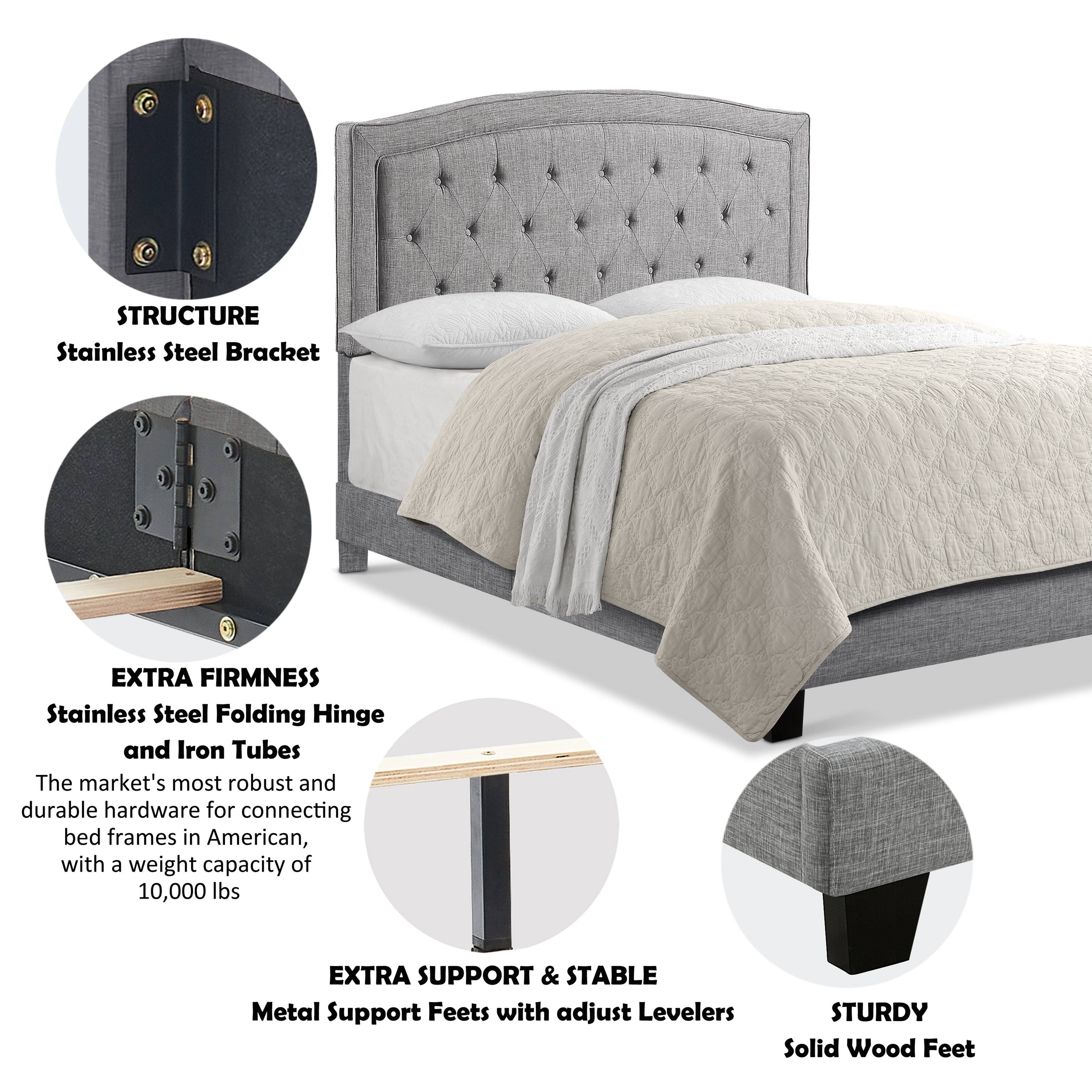 STRUCTURE  
Stainless Steel Bracket  

EXTRA FIRMNESS  
Stainless Steel Folding Hinge and Iron Tubes  
The market's most robust and durable hardware for connecting bed frames in America, with a weight capacity of 10,000 lbs  

EXTRA SUPPORT & STABLE  
Metal Support Feet with adjust Levelers  

STURDY  
Solid Wood Feet