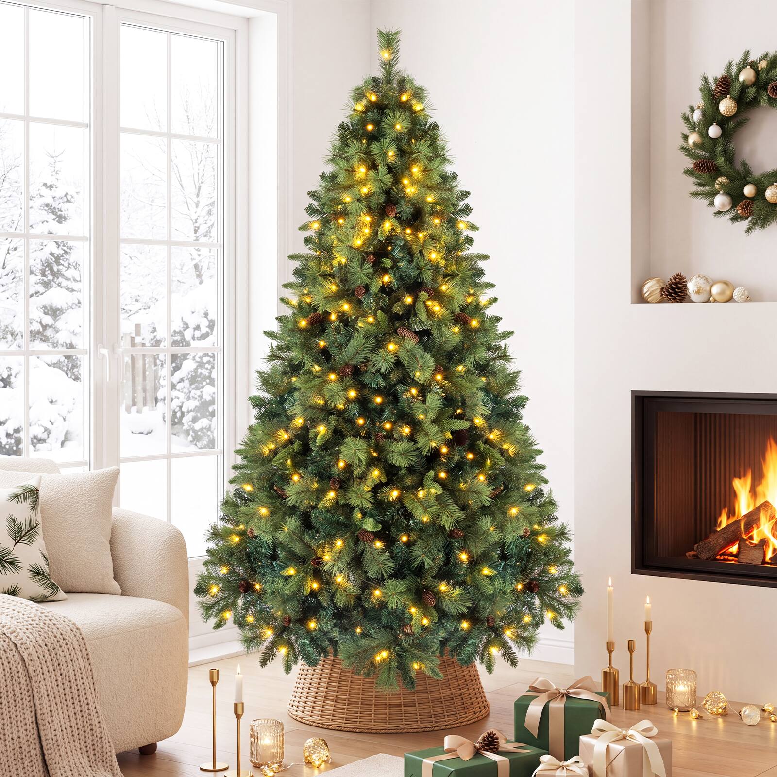Alt View 3. Costway - Costway 7 FT Balsam Fir Christmas Tree with 1312 Branch Tips, 82 Pine Cones, 400 LED Lights - Green.