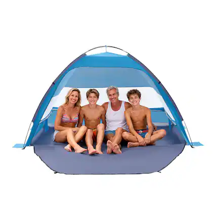 Front. VEVOR - Beach Tent Sun Shelter for 4 Person, UPF 50+ Protection, Portable Sun Shade Canopy with Carrying Bag & Sand Pockets - Blue + Grey.