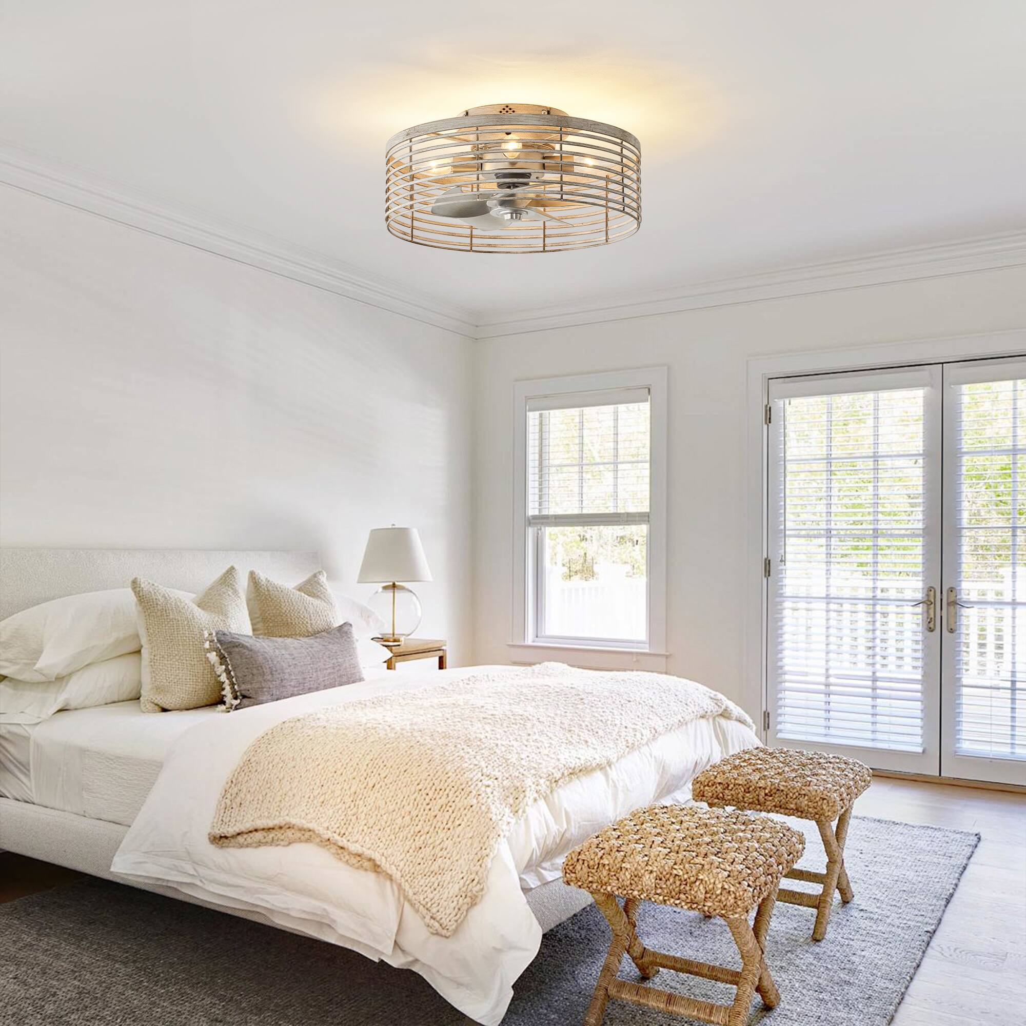 Back. Vaczon - 18" Industrial Caged Ceiling Fan with Light and Remote, 6-Speed Reversible DC Motor, Flush Mount Ceiling Fan - Distressed silver.