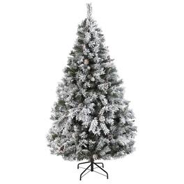 BreeBe - 6' Flocked White Christmas Tree with Pinecones and 628 Tips - White, Green