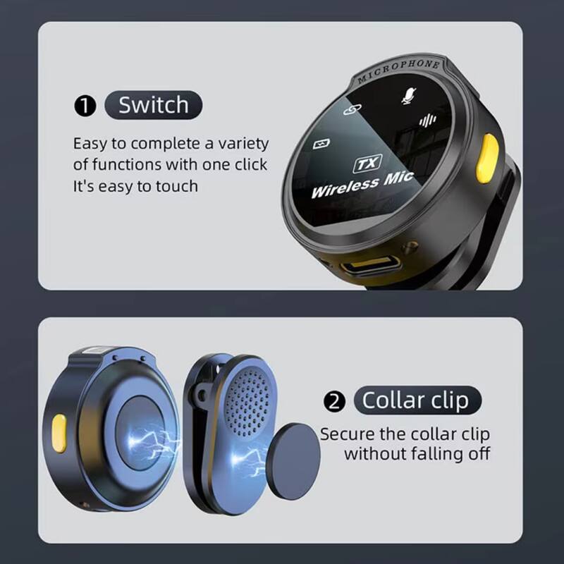 1. Switch  
   Easy to complete a variety of functions with one click. It's easy to touch.

2. Collar clip  
   Secure the collar clip without falling off.