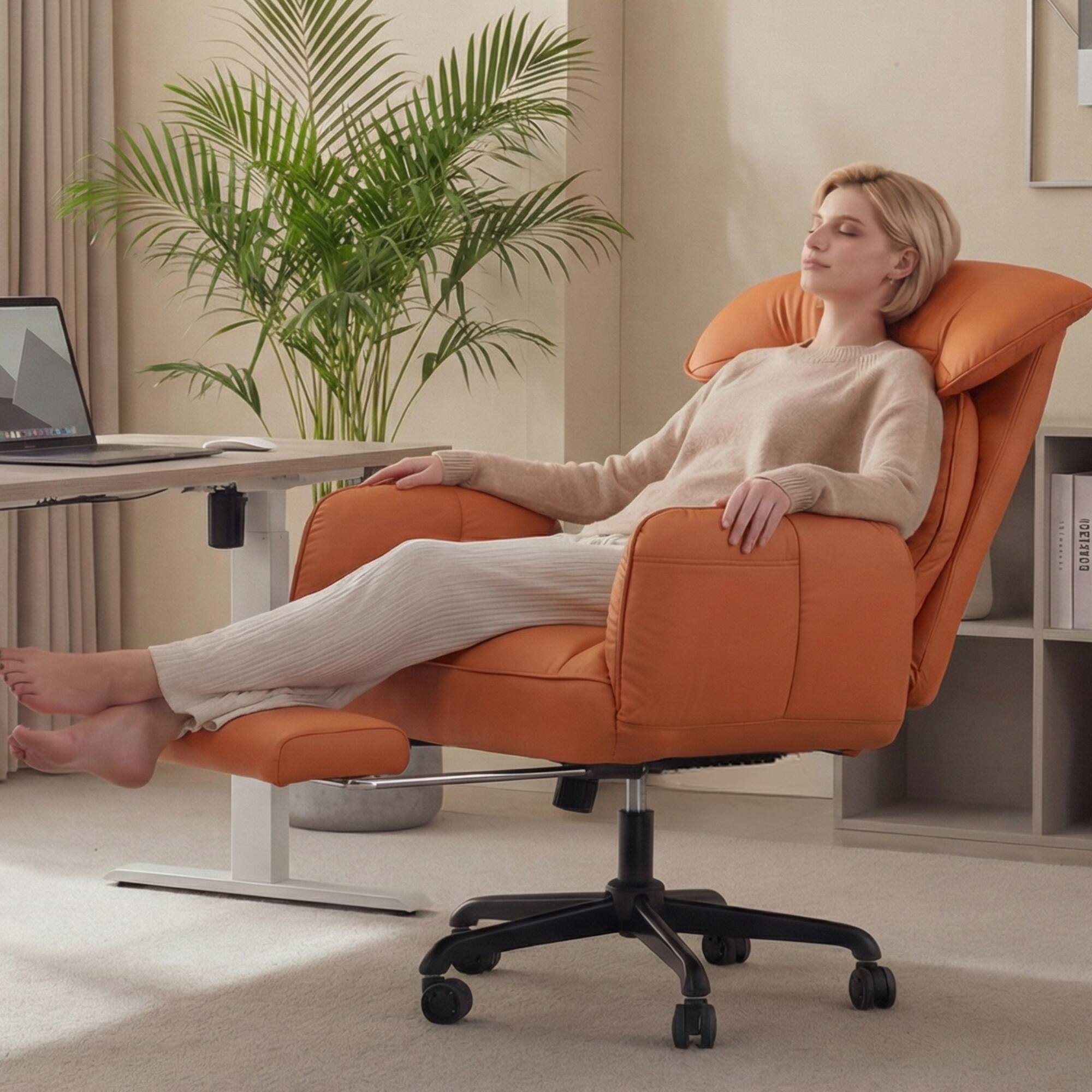 Alt View 3. Dowinx - Cross Legged Office Chair with Pivoting Armrests,Criss Cross Chair with Footrest and Reclining Backrest - Orange.