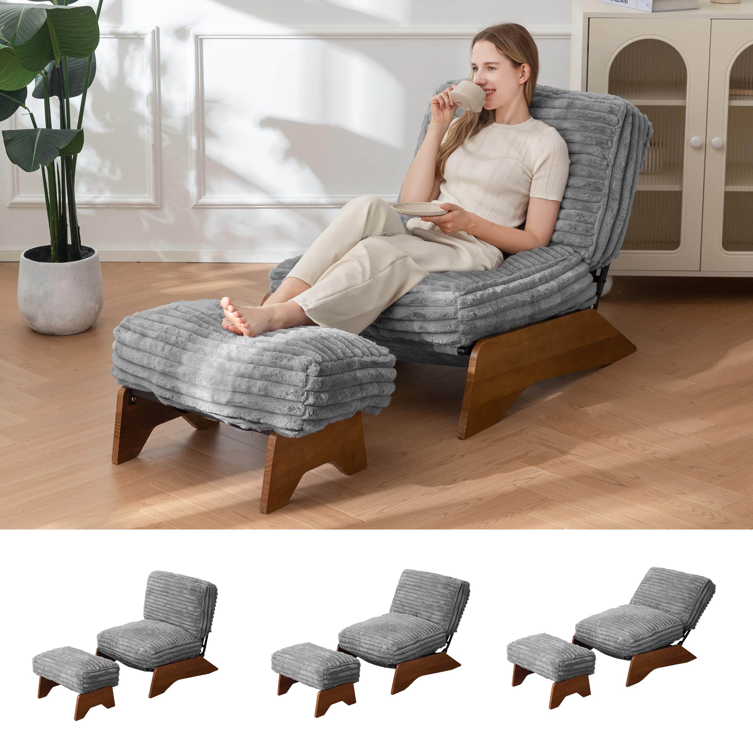 Fabibe - Modern Adjustable Accent Chair with Ottoman, Upholstered Living Room Chair with Footrest Set, Soft Reclining Lounge - Grey Large