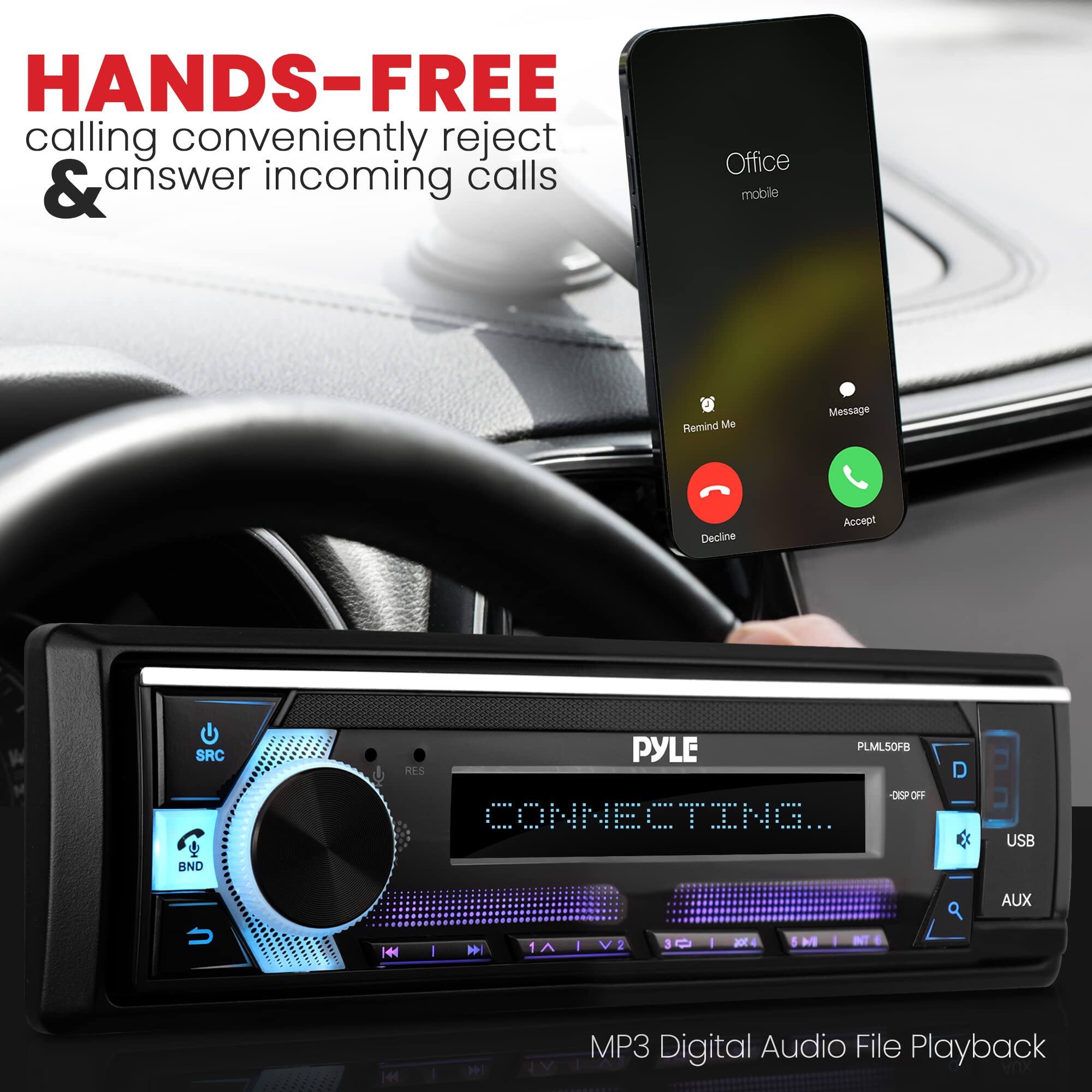 HANDS-FREE calling conveniently reject & answer incoming calls

Office mobile

Remind Me Message Decline Accept

PYLE PLML5OFB

CONNECTING...

MP3 Digital Audio File Playback