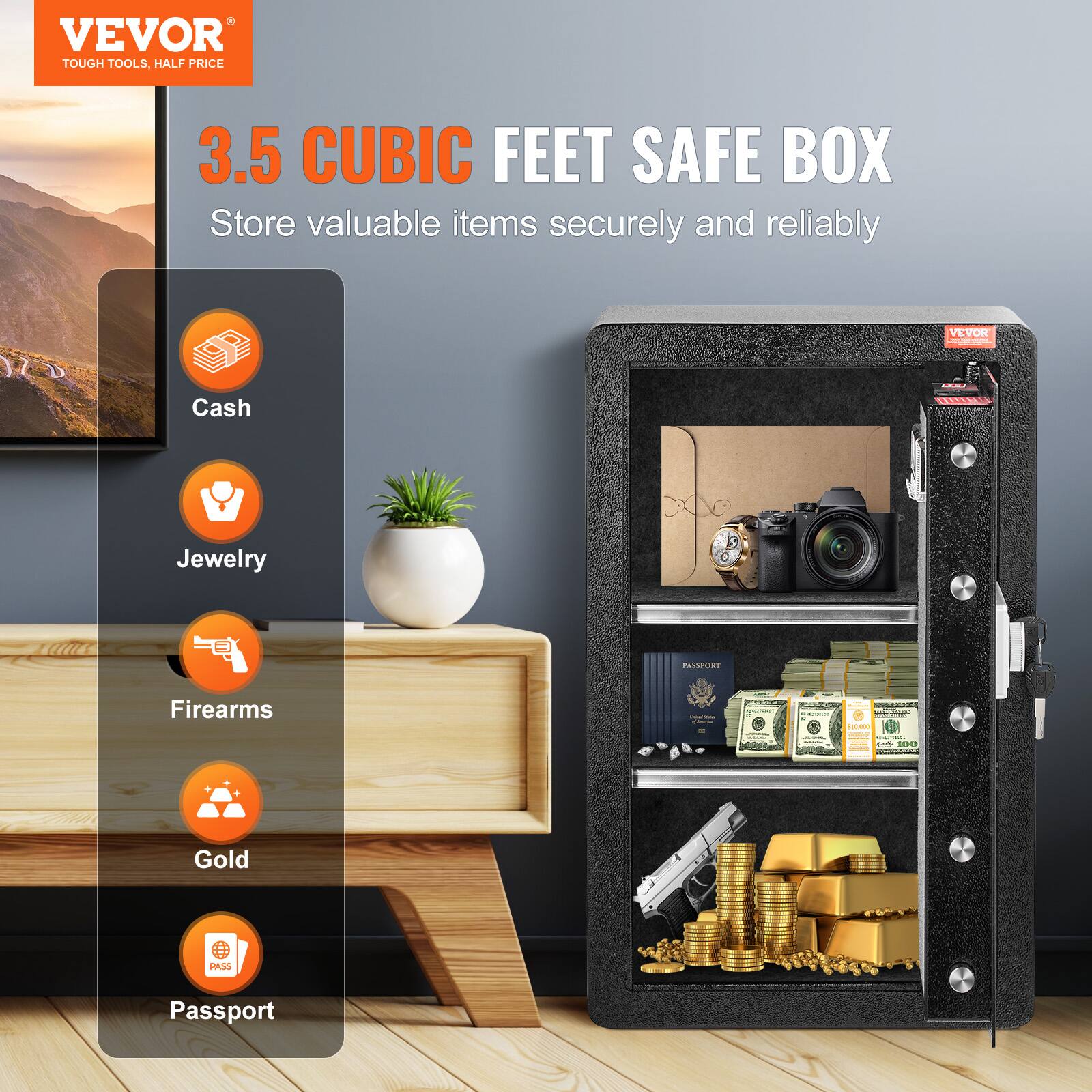 VEVOR TOUGH TOOLS, HALF PRICE 3.5 CUBIC FEET SAFE BOX Store valuable items securely and reliably
VEVOR
Cash | Jewelry | Firearms | Gold | Passport
