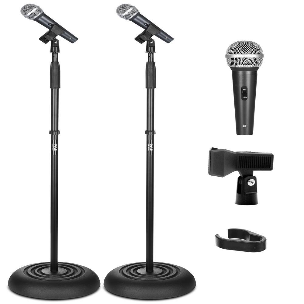 Front. Pyle - Pyle 2-Microphone Stand Kit, Dual Adjustable Stands, Cardioid Mics, 3M XLR Cables & Heavy-Duty Bases - Black.