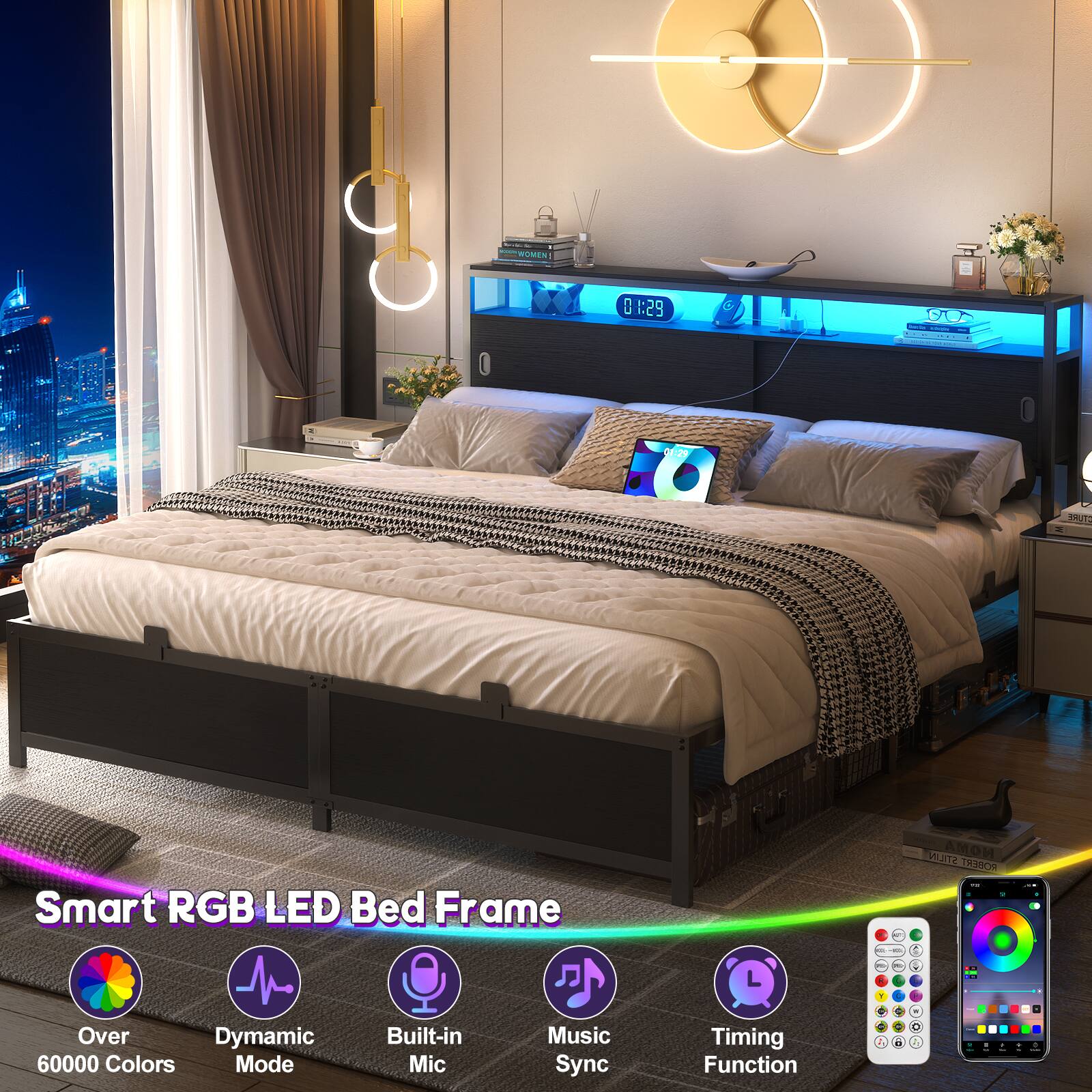 I WUMEN 0 1:29 22 NUE Smart RGB LED Bed Frame NOMA A STILIN Ncs - - - - a a - . - Over Dynamic 60000 Colors Mode Built-in Mic Music Sync Timing Function - a A - . - - - - C A a - d .