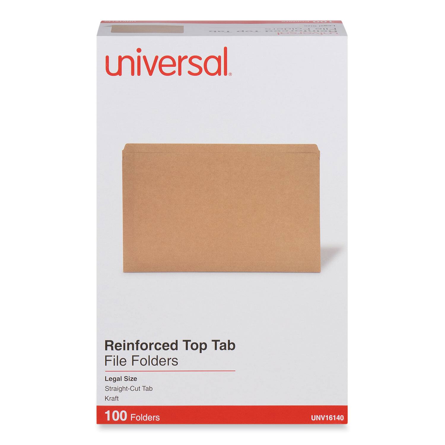 Universal Reinforced Top Tab File Folders  
Legal Size  
Straight-Cut Tab  
Kraft  
100 Folders  
UNV16140
