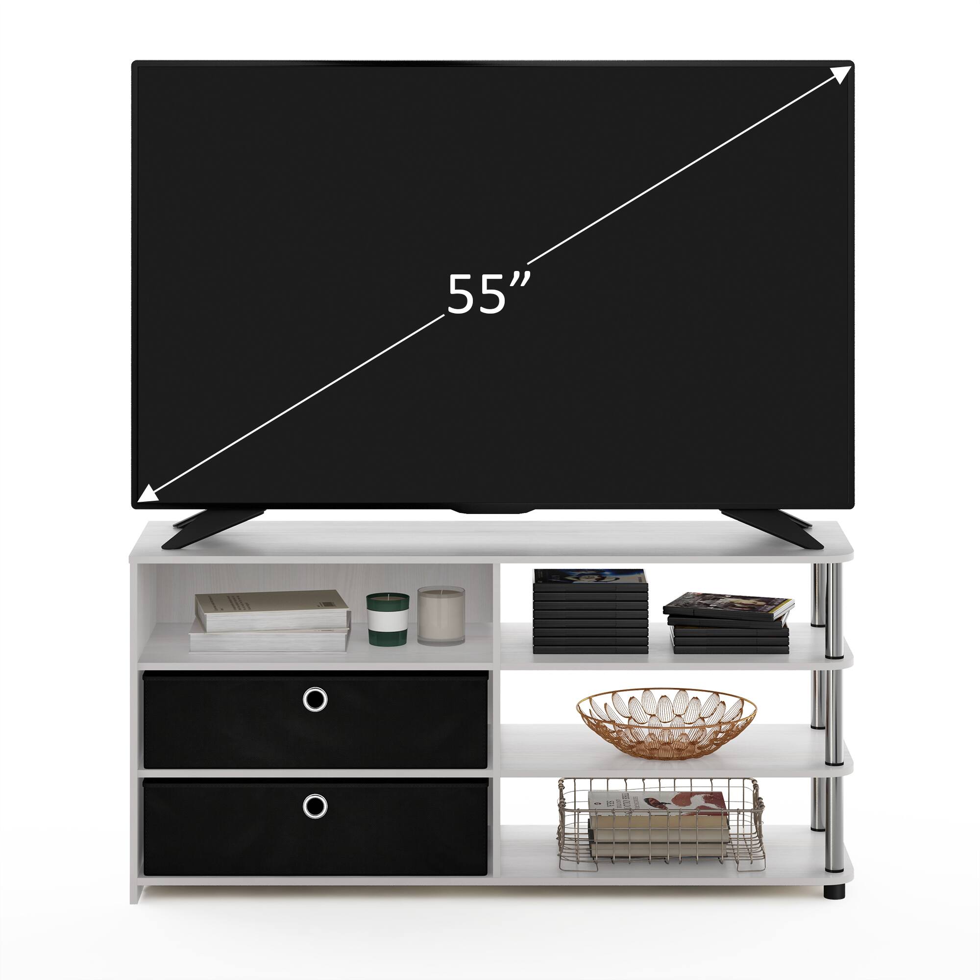 Alt View 4. Furinno - JAYA Simple Design TV Stand for up to 55-Inch with Bins,  Stainless Steel Tubes - White Oak/Stainless Steel/Black.