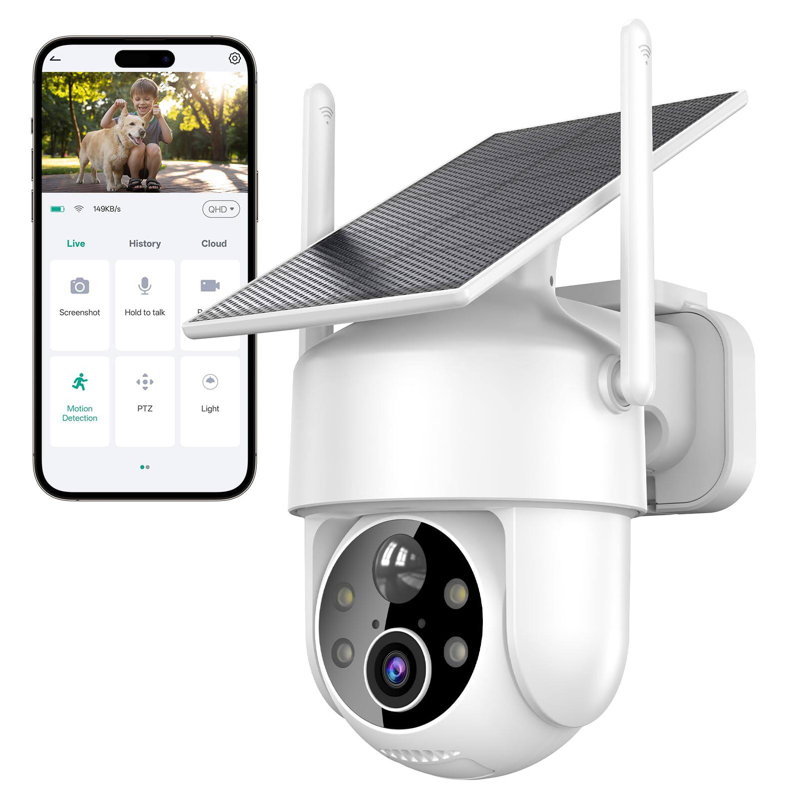 GlowWise - Solar Security Cam: 360° 2K View, Color Night Vision, AI Detection & Siren. Supports SD/Cloud Storage. 2.4G WiFi - White