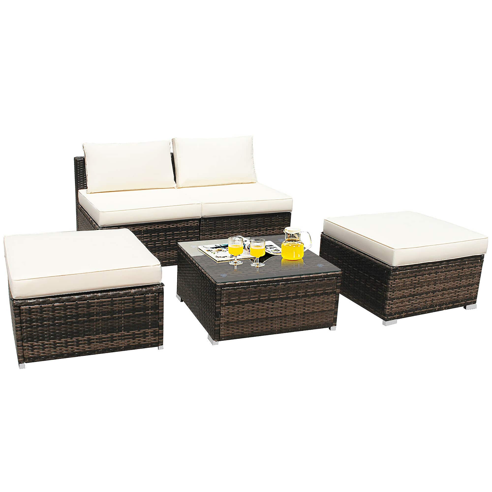 Front. Costway - 5PCS Patio Rattan Wicker Furniture Set Armless Sofa Ottoman Cushioned Garden - Mixed Brown/White.