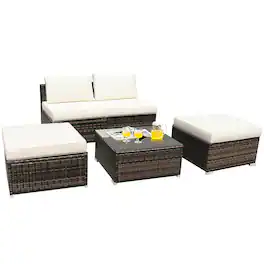 Costway - 5PCS Patio Rattan Wicker Furniture Set Armless Sofa Ottoman Cushioned Garden - Mixed Brown/White