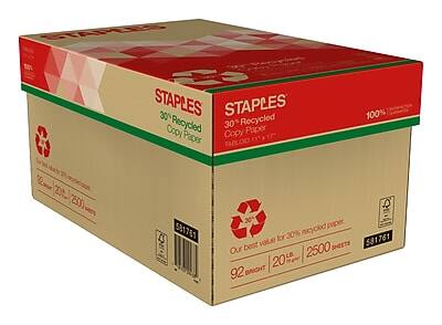 STAPLES  
30% Recycled Copy Paper  
100% Recycled Paper  
Tabloid (11" x 17")  
20 LB  
2500 Sheets  
92 Bright  
Our best value for 30% recycled paper  
531761