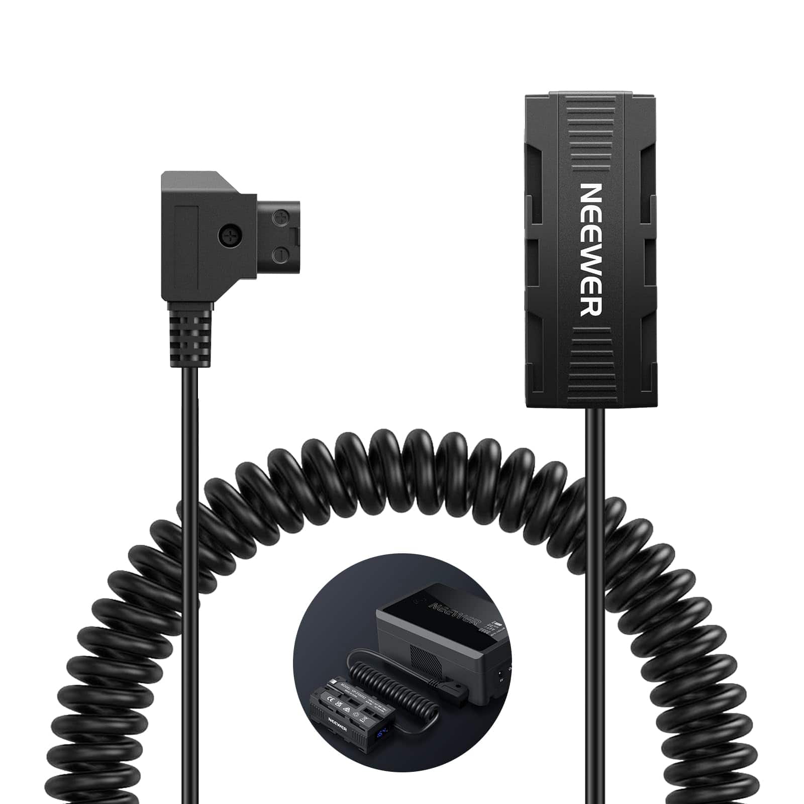 Neewer - Dual-Sided Dummy Battery Adapter with Display, Coiled D-Tap to USB-C Splitter, VP-F550X2 - Black