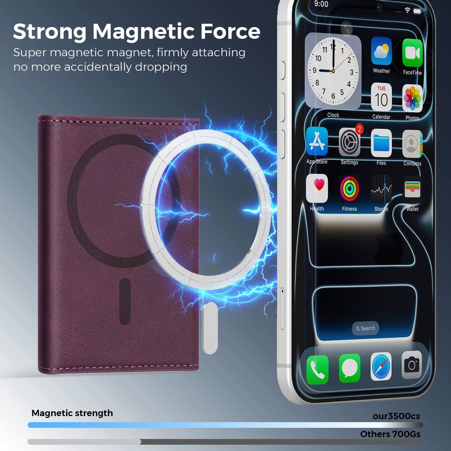 Strong Magnetic Force  
Super magnetic magnet, firmly attaching no more accidentally dropping  

Magnetic strength  
our3500cs  
Others 700Gs