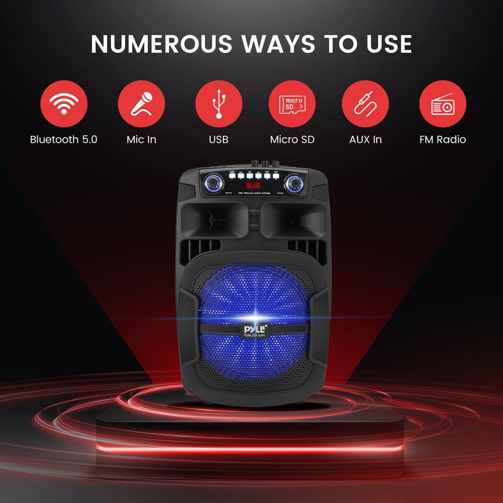 NUMEROUS WAYS TO USE

- Bluetooth 5.0
- Mic In
- USB
- Micro SD
- AUX In
- FM Radio

PYLE
PYLE.com