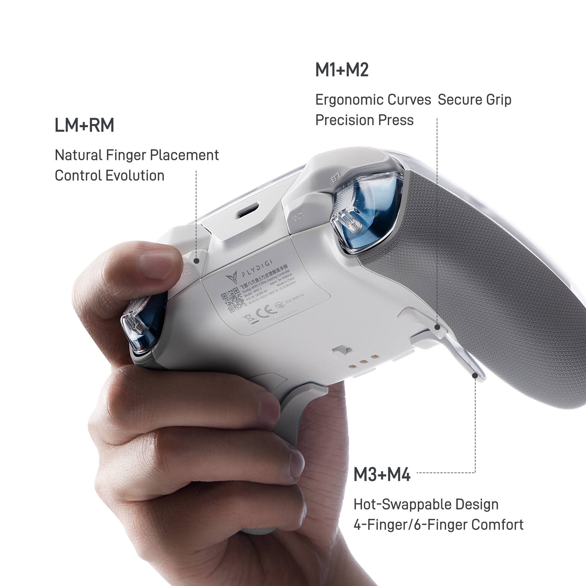 M1+M2: Ergonomic Curves Secure Grip Precision Press  
LM+RM: Natural Finger Placement Control Evolution  
M3+M4: Hot-Swappable Design 4-Finger/6-Finger Comfort