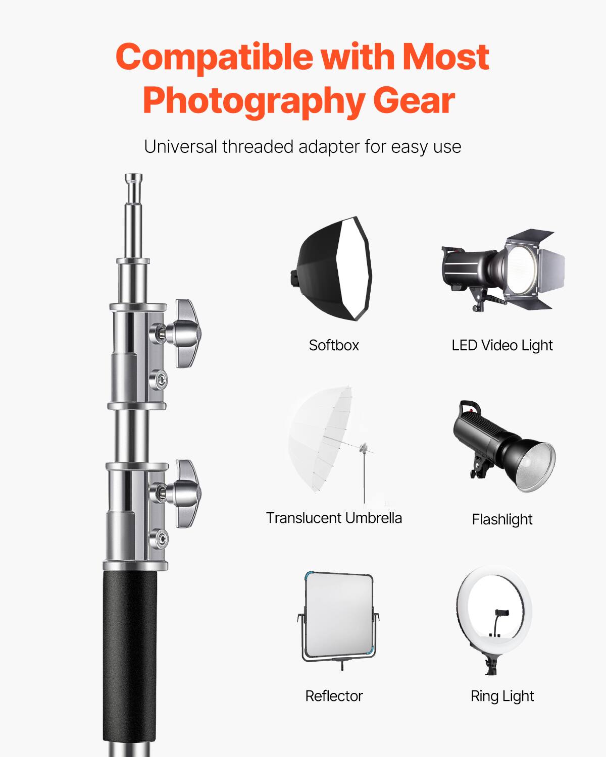 Compatible with Most Photography Gear

Universal threaded adapter for easy use

- Softbox
- LED Video Light
- Translucent Umbrella
- Flashlight
- Reflector
- Ring Light