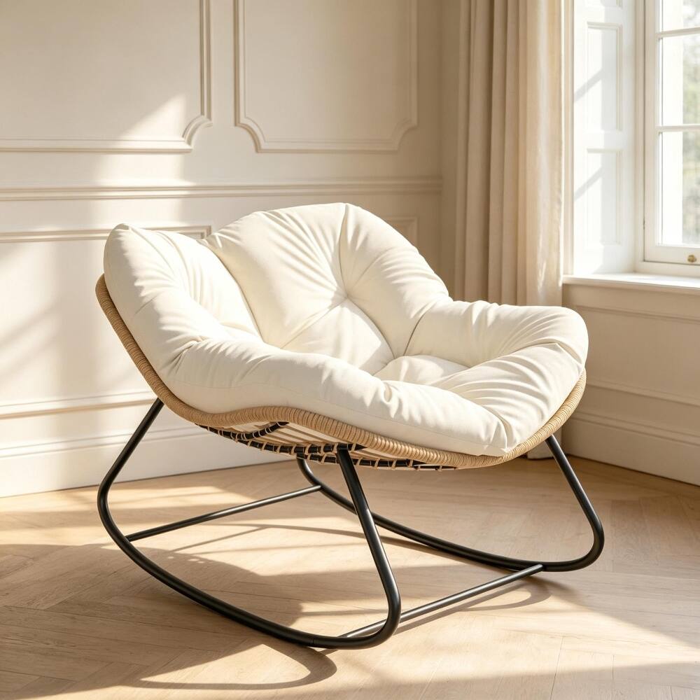 Alt View 3. Loheer - Loheer Oversized Rocking Egg Chair with Cushion, Indoor Outdoor Wicker Papasan Chair for Patio Backyard, Beige - Beige.