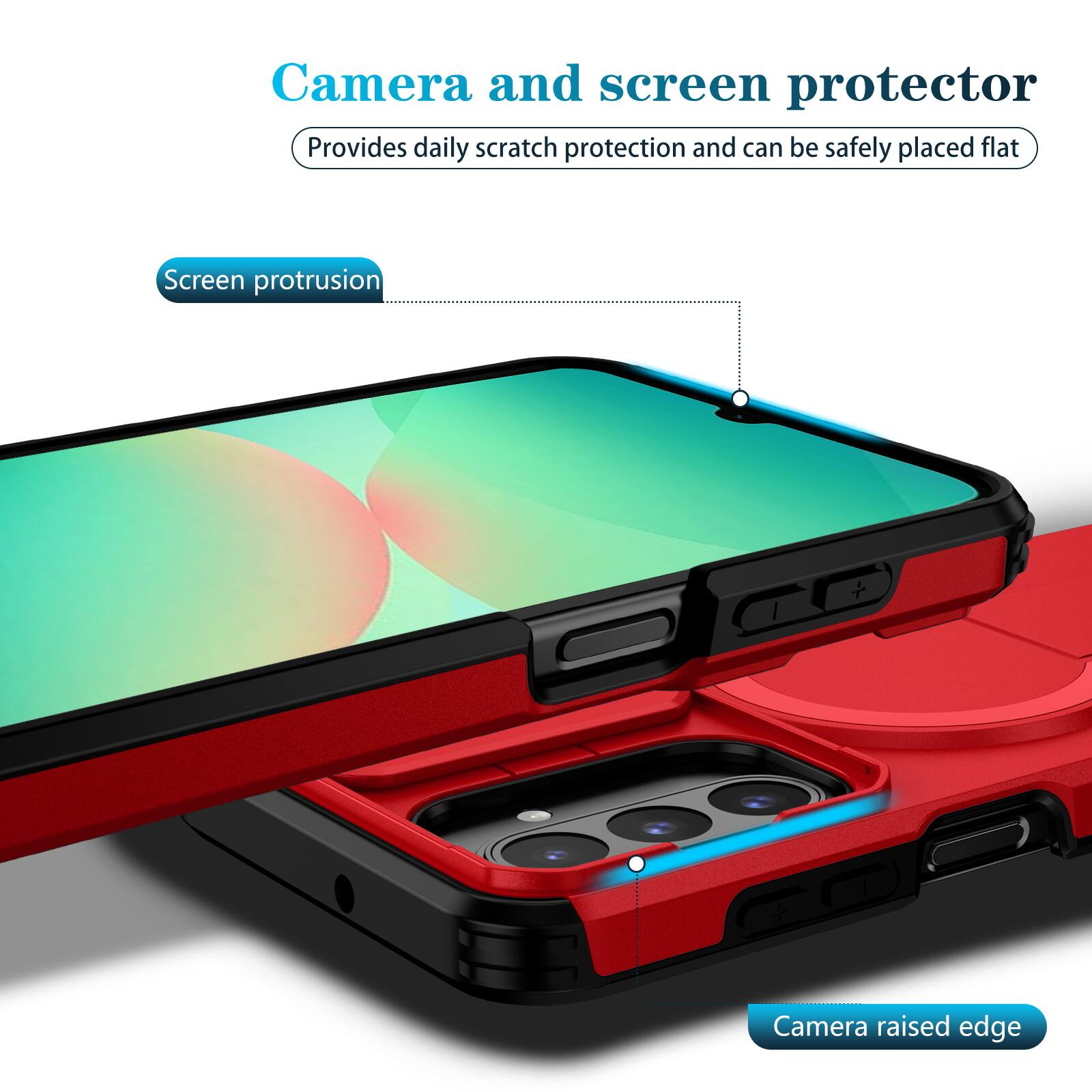 Camera and screen protector  
Provides daily scratch protection and can be safely placed flat  

Screen protrusion  
Camera raised edge