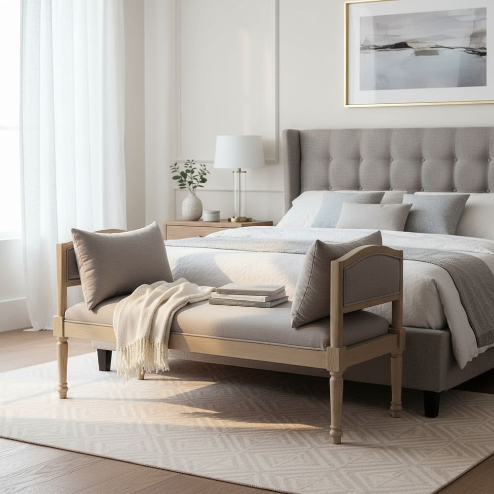 Ropilly - Upholstered Entryway Bench Solid Wood Farmhouse End of Bed Bench with Turned Legs - Greige price history on PriceWatchPro