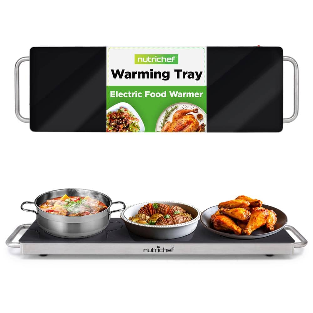 NutriChef - Portable Electric Food Hot Plate- Warming Tray&Dish Warmer with Black Glass Top-Keep Food Warm - Stainless Steel