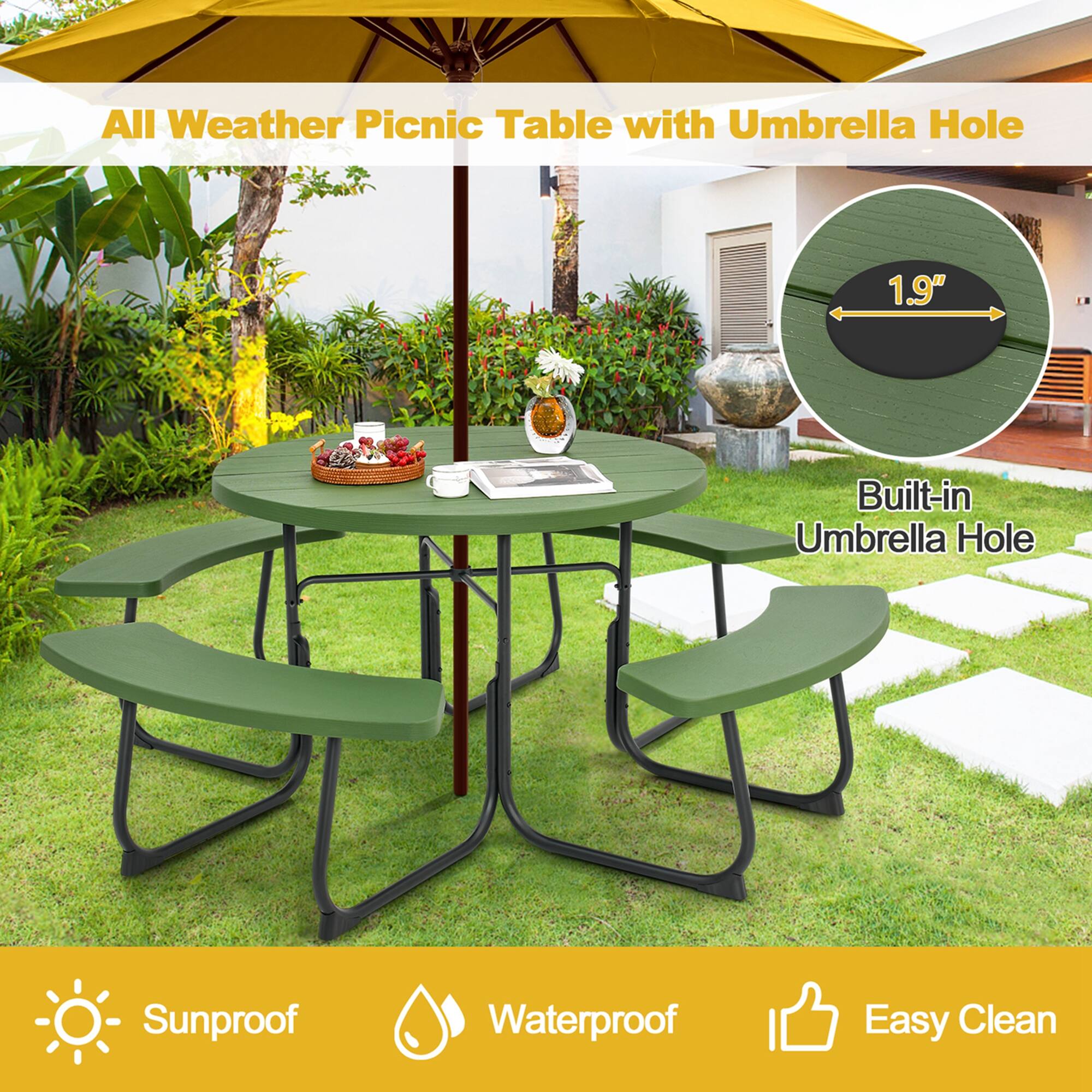 All Weather Picnic Table with Umbrella Hole, Built-in Umbrella Hole, Sunproof, Waterproof, Easy Clean