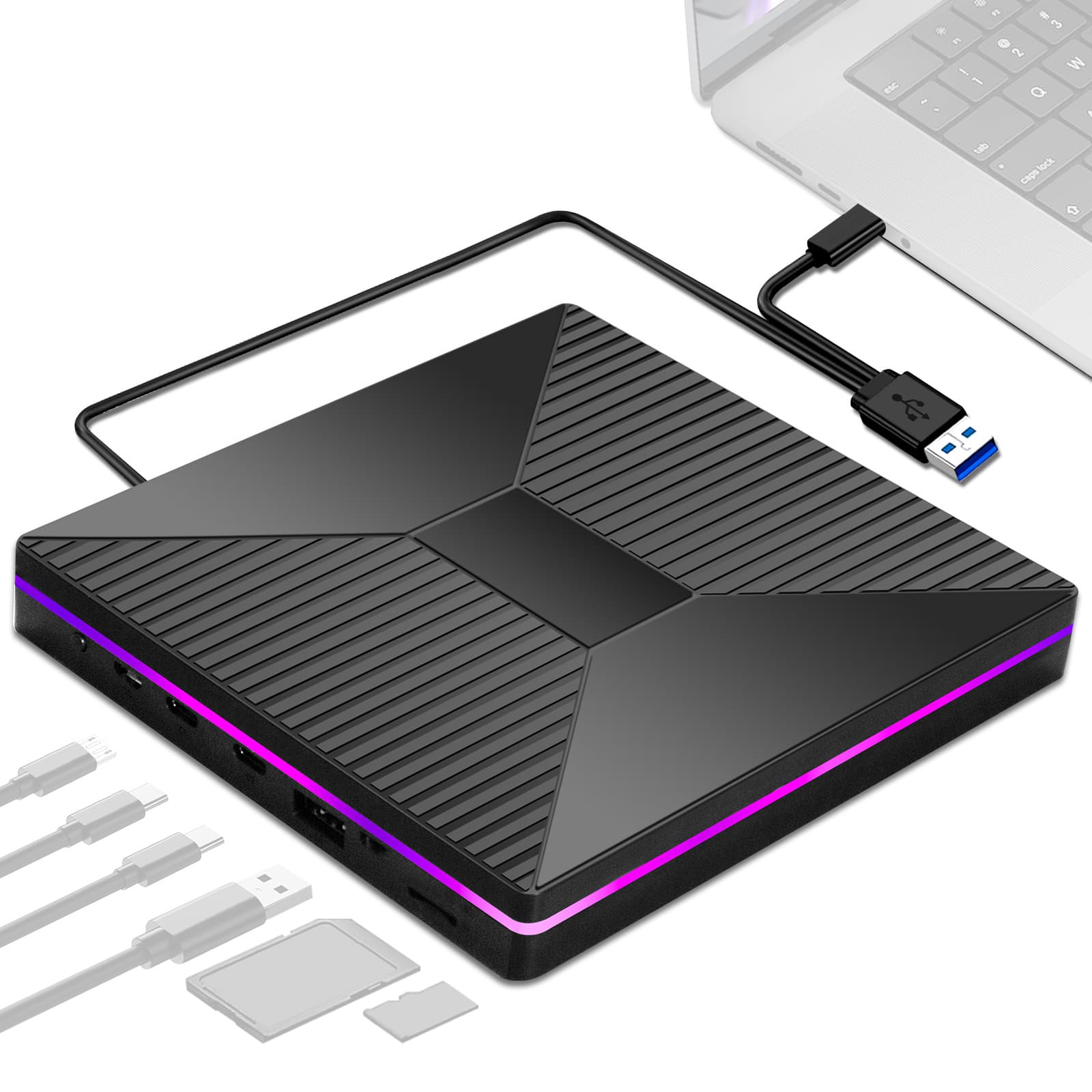 Skanty Furniture - External CD Drive, DVD/CD Burner/Reader and Writer with USB A/USB C/TF/SD Port, RGB light, for Windows, Mac&Linux - Black