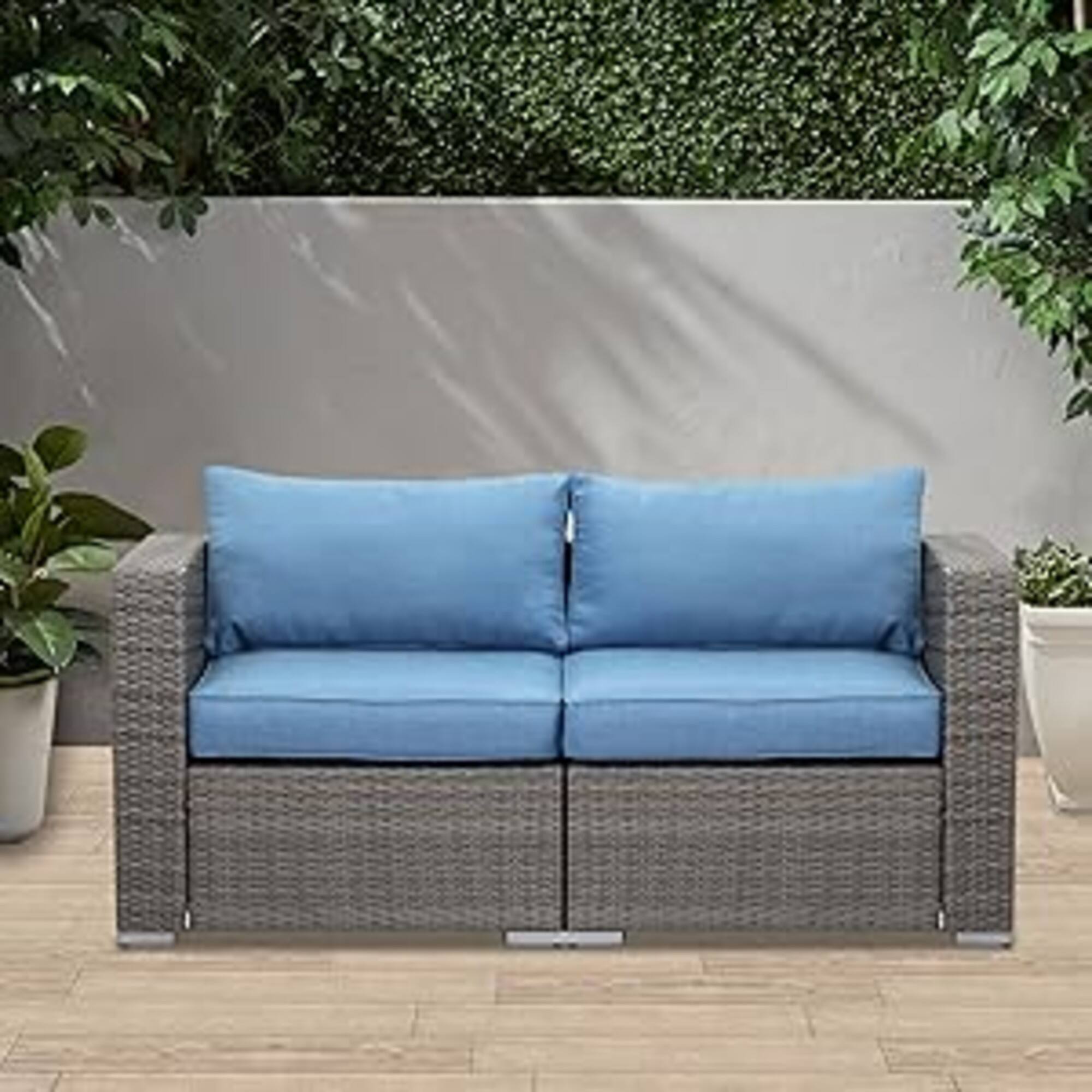 Back. Mondawe - 59" Width 2-Piece Wicker Patio Loveseat Set, Outdoor Sectional Sofa with Blue Cushions - Blue+Brown.