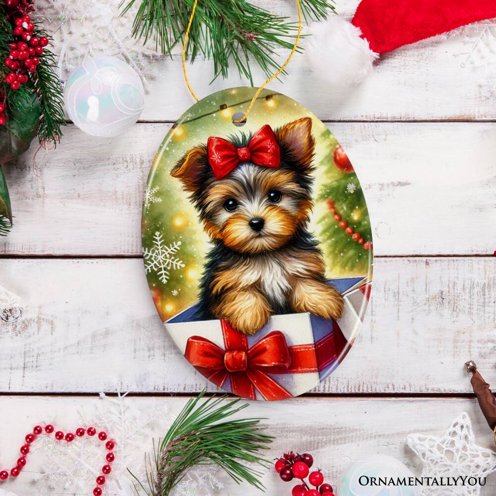 Back. OrnamentallyYou - Precious Yorkshire Terrier Christmas Gift Ornament Sweet Holiday Scene Decor Oval Version - Multi-colored.