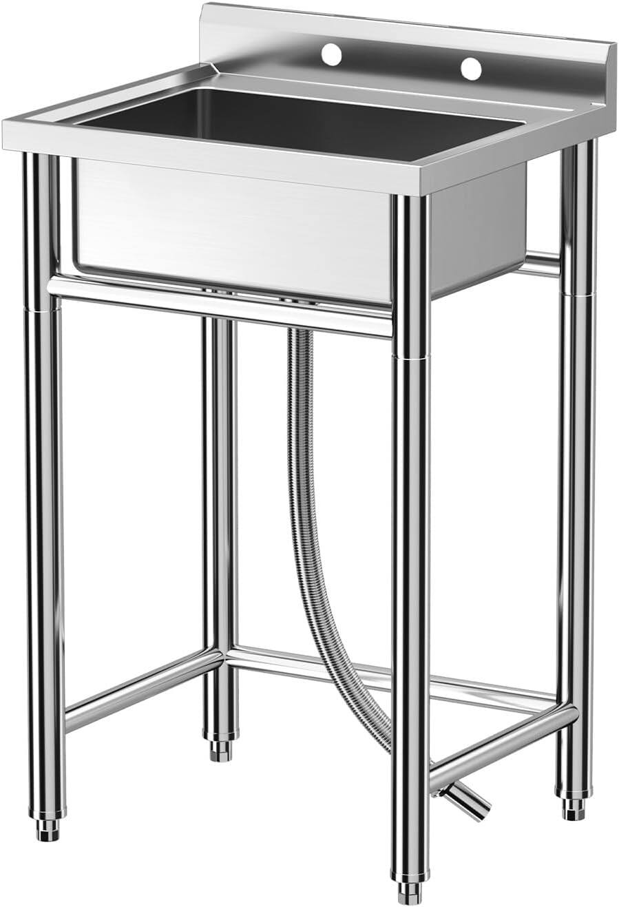 Front. Acekool - NSF 304 Stainless Steel Freestanding Utility Sink with Hot & Cold Faucets, Large Capacity, 28"x24"x40" - Silver.