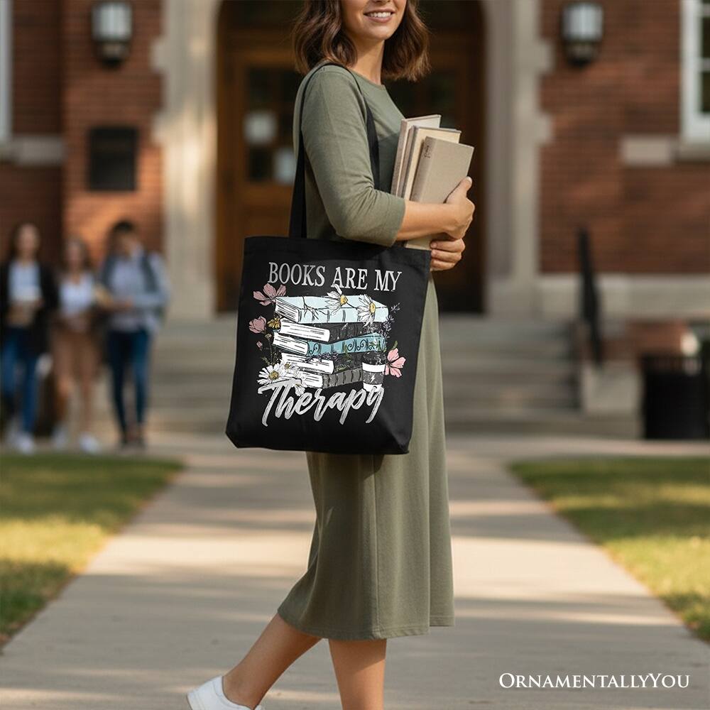OrnamentallyYou Books Are My Therapy Floral Vintage Canvas Tote
